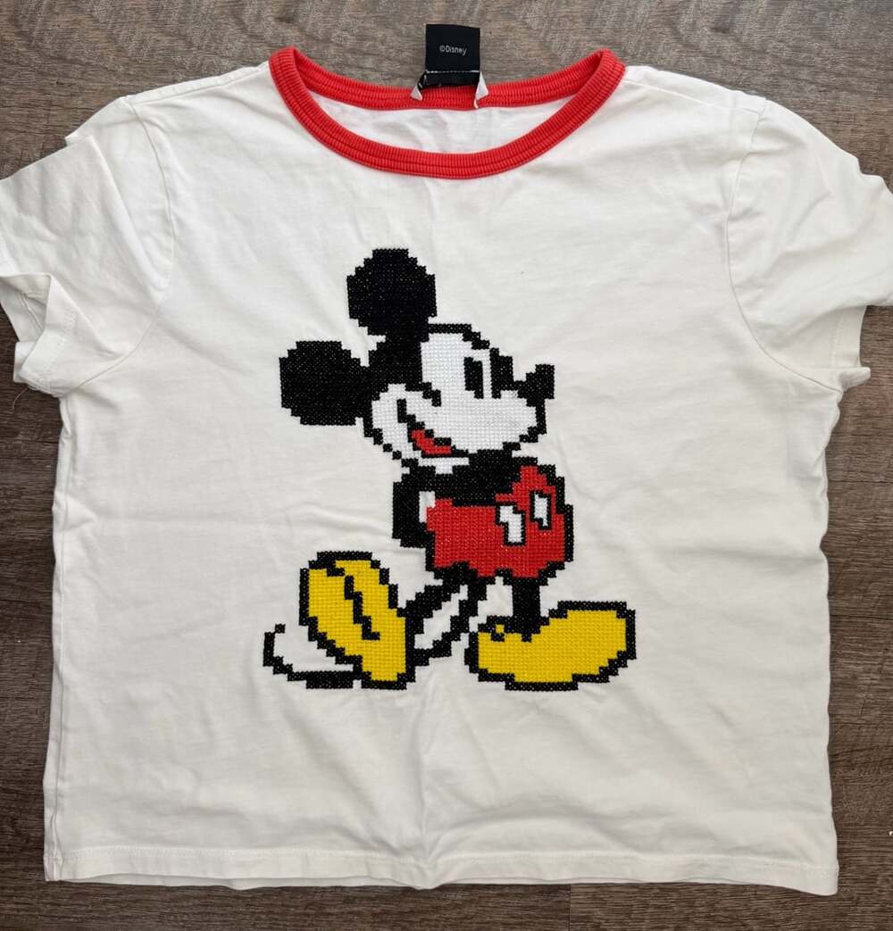 Zara Disney Mickey Mouse T-Shirt Size M White Red Ringer Pixelated Graphic